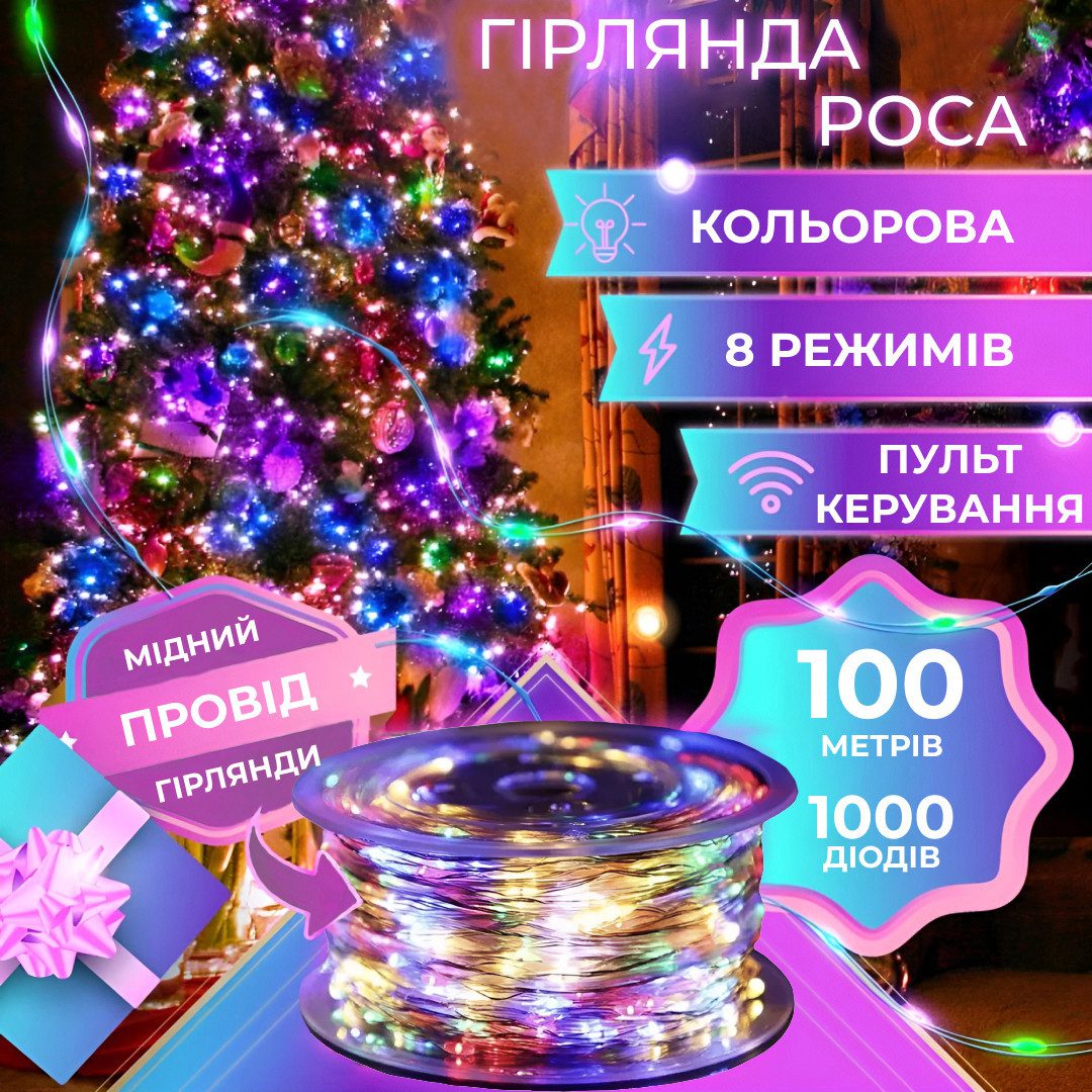 Гірлянда Роса Крапля 100 метров 1000 LED світлодіодна гірлянда в котушці мідний провід 8 функцій + пульт_1733037ML_Milantium_1
