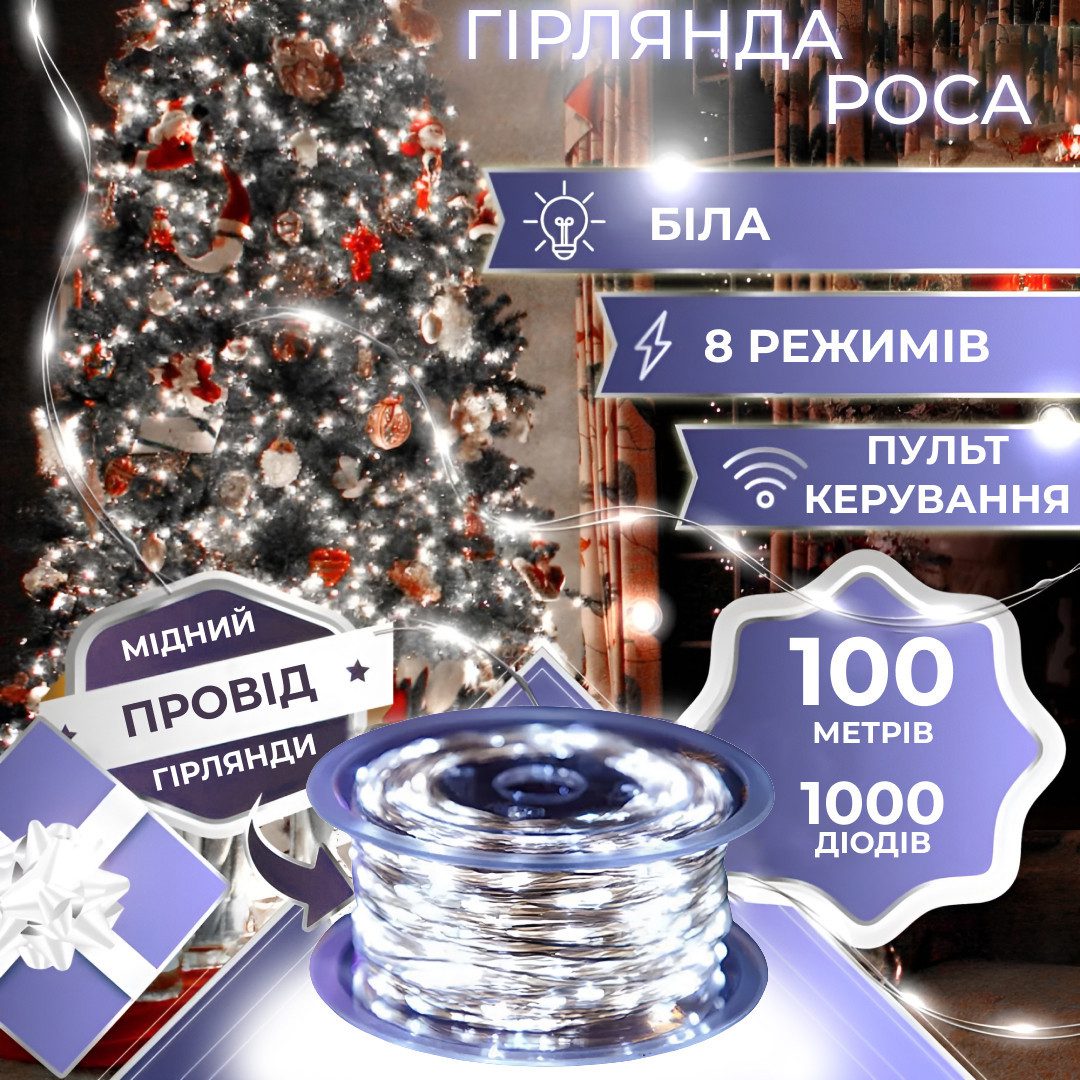 Гірлянда Роса Крапля 100 метров 1000 LED світлодіодна гірлянда в котушці мідний провід 8 функцій + пульт Білий_1733039W_Milantium_1