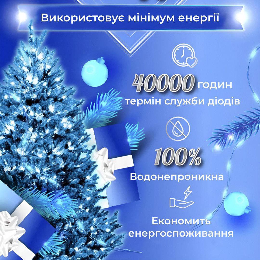 Гірлянда Роса Крапля 50 метрів 500 LED лампочок світлодіодна гірлянда в котушці мідний дріт 50 м 8 функцій + пульт Синій_1733034BL_Milantium_7