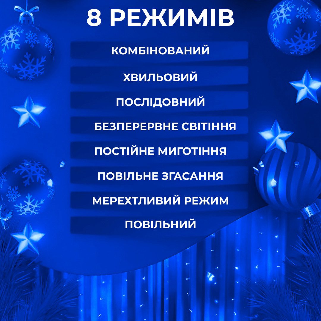 Гірлянда штора світлодіодна GarlandoPro Роса 200LED 3х2м 10 ліній 8 режимів гірлянда крапля роси Синій 173302BL_173302BL_Milantium_7