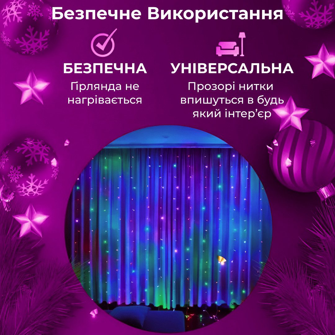 Гірлянда штора світлодіодна GarlandoPro 200LED Роса 3х3м 8 режимів 10 ниток гірлянда роса на ялинці 173305ML_173305ML_Milantium_6