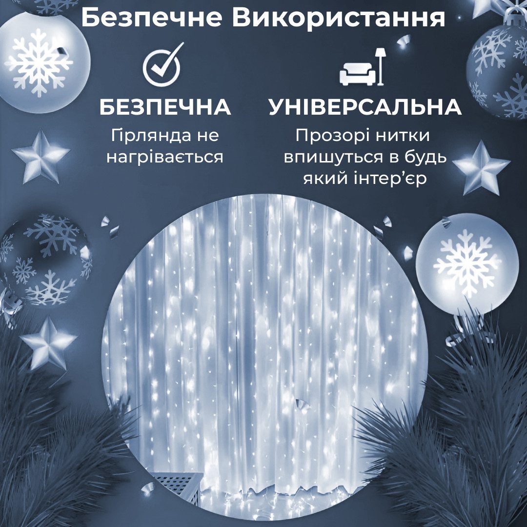 Гірлянда штора світлодіодна GarlandoPro 200LED Роса 3х3м 8 режимів 10 ниток гірлянда роса на ялинці Білий 173307W_173307W_Milantium_6