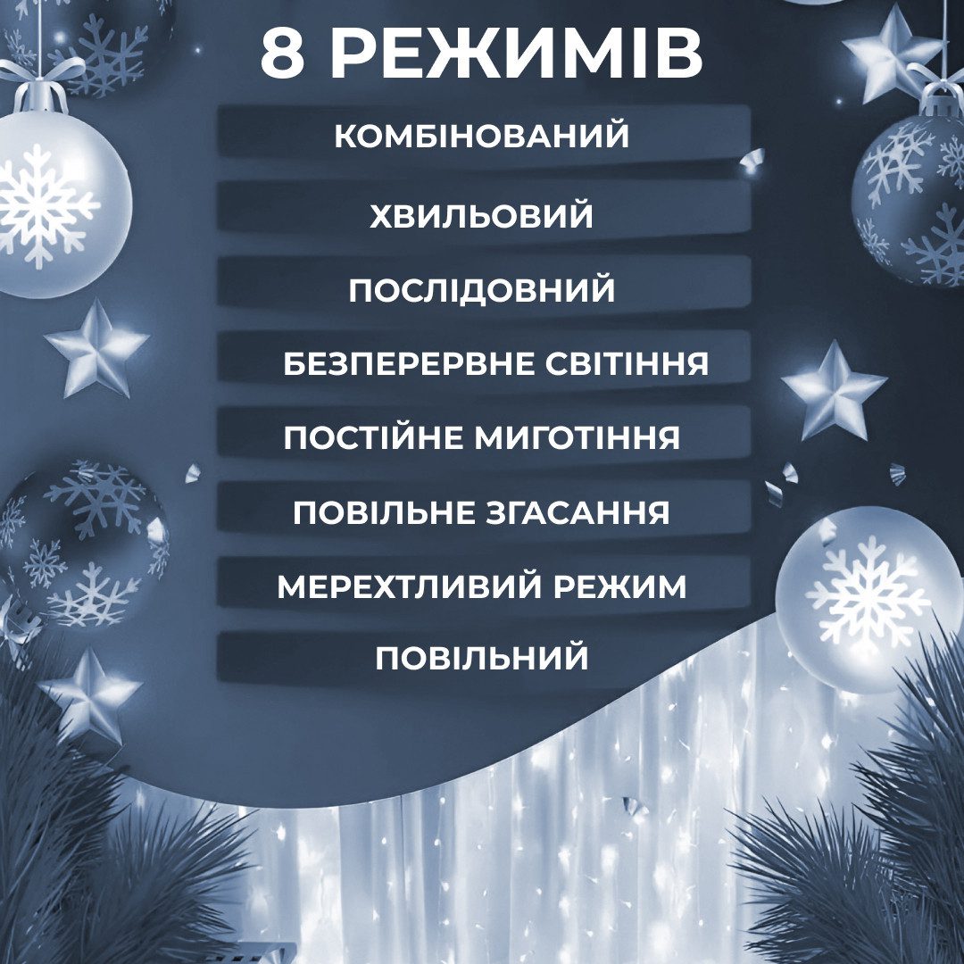 Гірлянда штора світлодіодна GarlandoPro 200LED Роса 3х3м 8 режимів 10 ниток гірлянда роса на ялинці Білий 173307W_173307W_Milantium_7