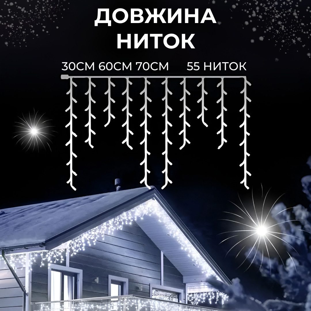 Гірлянда вулична світлодіодна 200 LED 12 метрів білий дріт бахрома 55 ниток_12МWW_Milantium_5