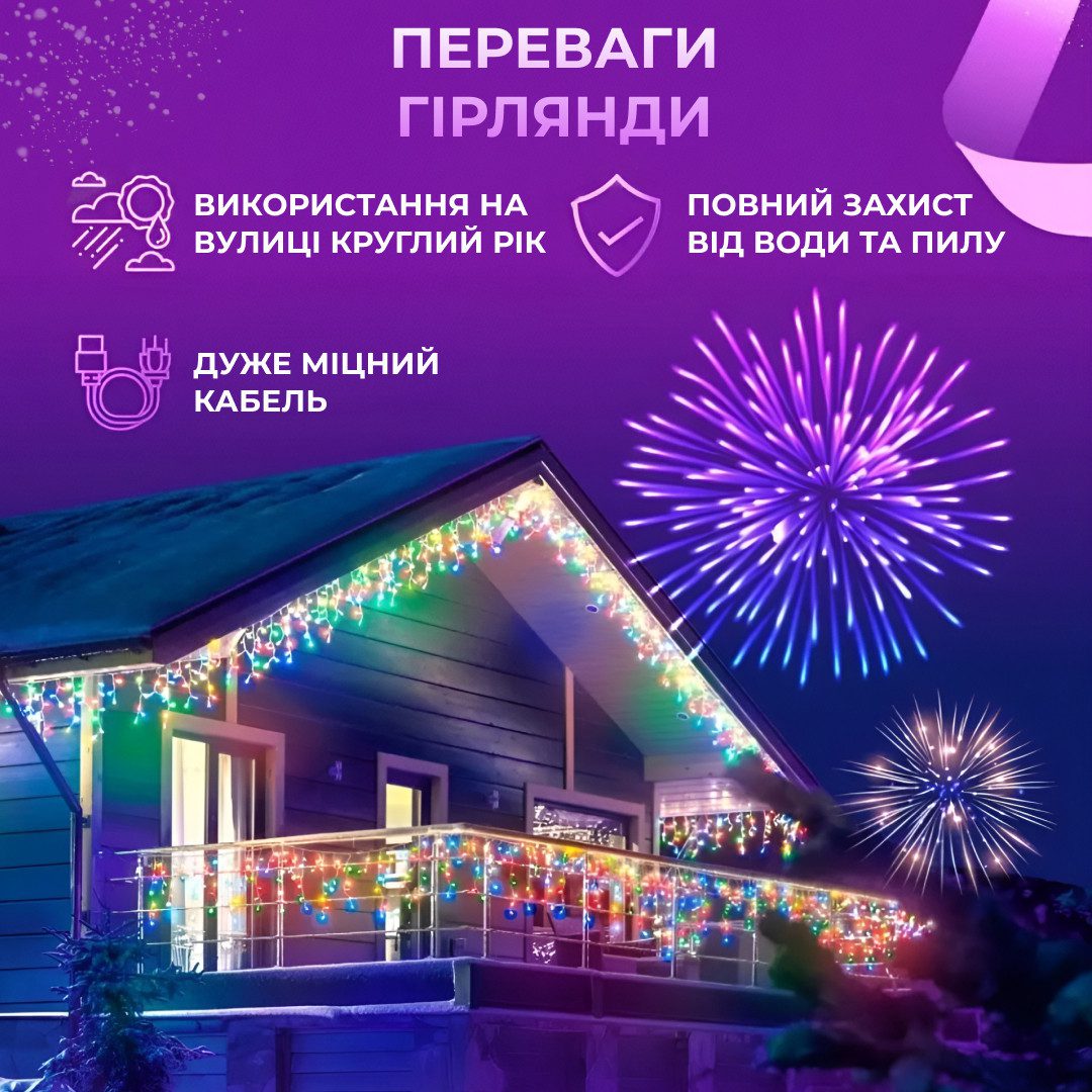 Гірлянда вулична світлодіодна 200 LED 12 метрів білий дріт бахрома 55 ниток Мультиколор_12МWML_Milantium_3