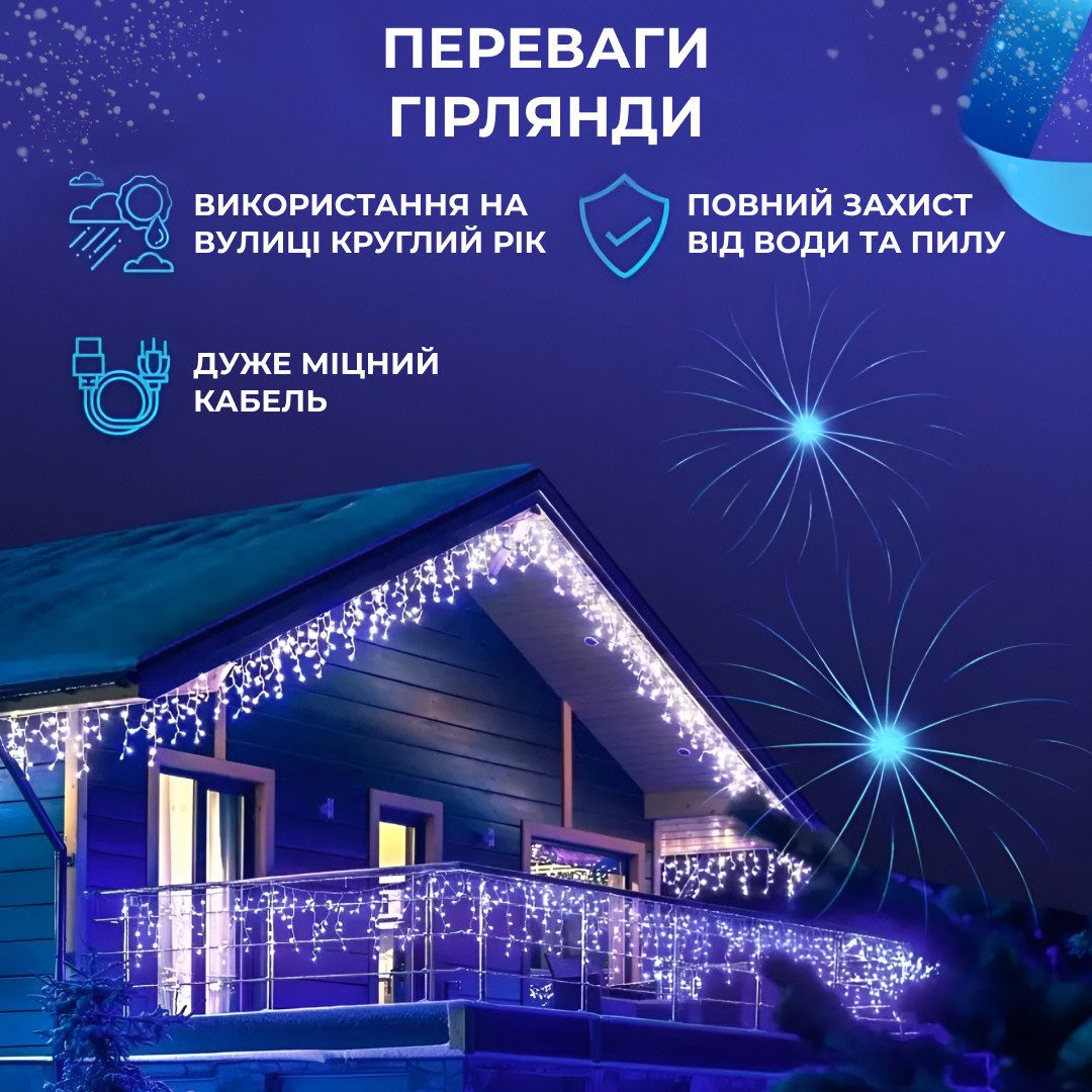 Гірлянда вулична світлодіодна 200 LED 12 метрів білий дріт бахрома 55 ниток Синій_12МWBL_Milantium_3