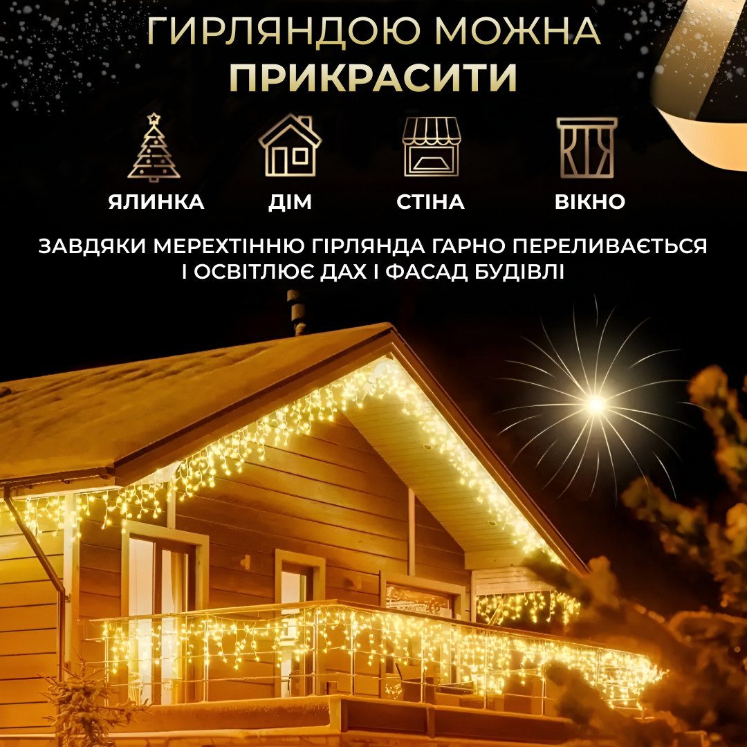Гірлянда вулична світлодіодна 200 LED 12 метрів білий дріт бахрома 55 ниток Жовтий_12МWY_Milantium_4