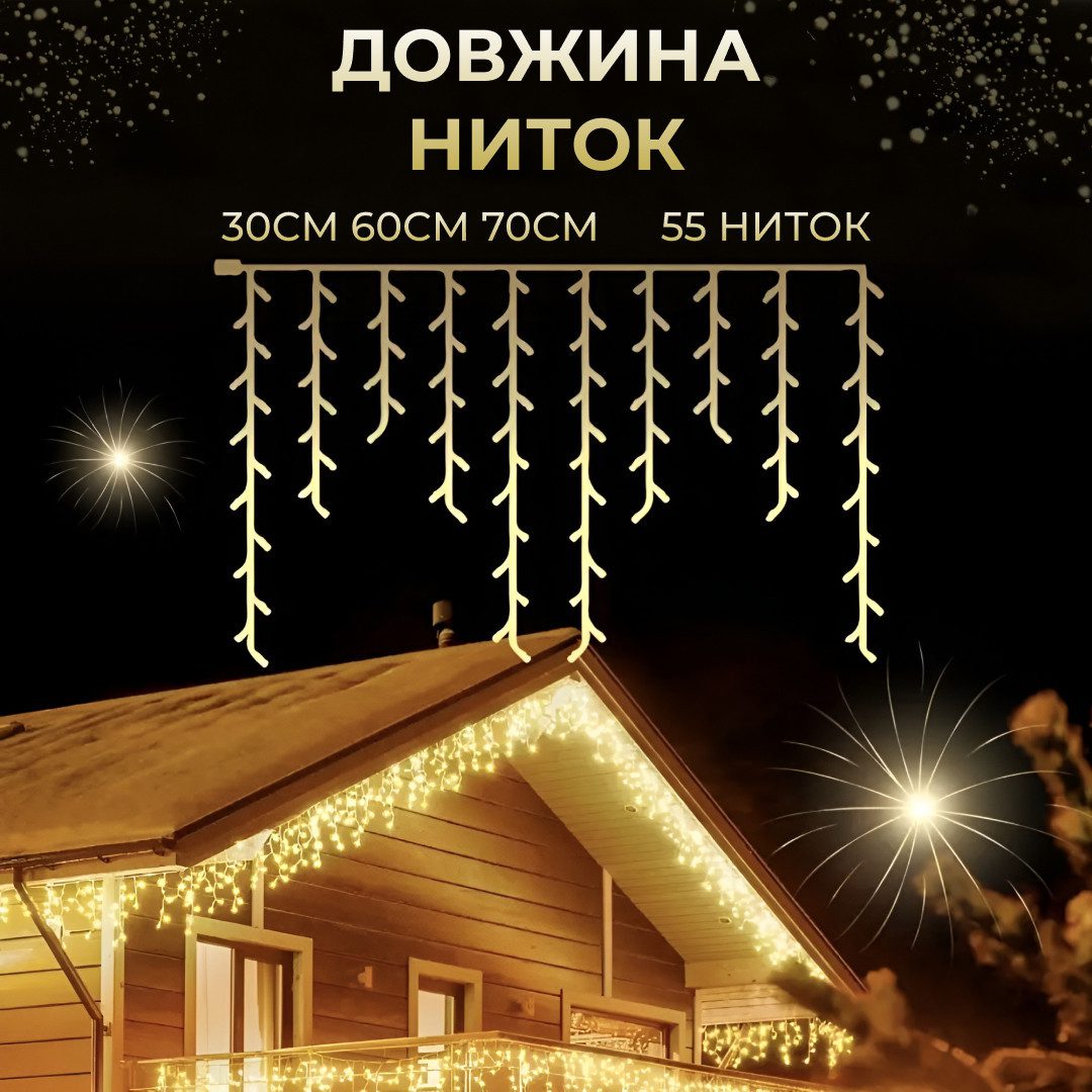 Гірлянда вулична світлодіодна 200 LED 12 метрів білий дріт бахрома 55 ниток Жовтий_12МWY_Milantium_5