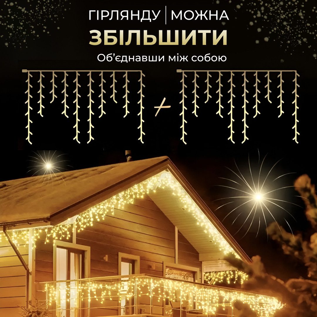 Гірлянда вулична світлодіодна 200 LED 12 метрів білий дріт бахрома 55 ниток Жовтий_12МWY_Milantium_7