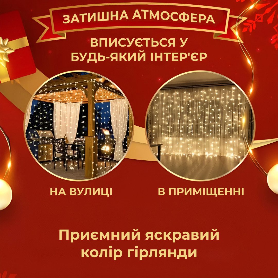 Гірлянда Водоспад 3х2 м 210 LED (480 L) лампочок світлодіодна прозорий дріт 10 ниток 8 режимів Жовтий_1733048Y_Milantium_2