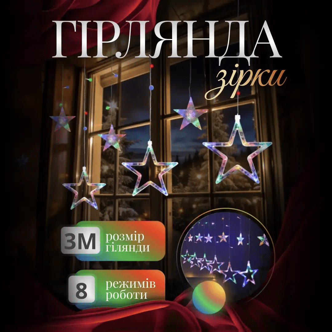 Електрична гірлянда Зірка штора 3 метри на вікно для фотозон мультиколор WYF11ML – купити в Україні недорого