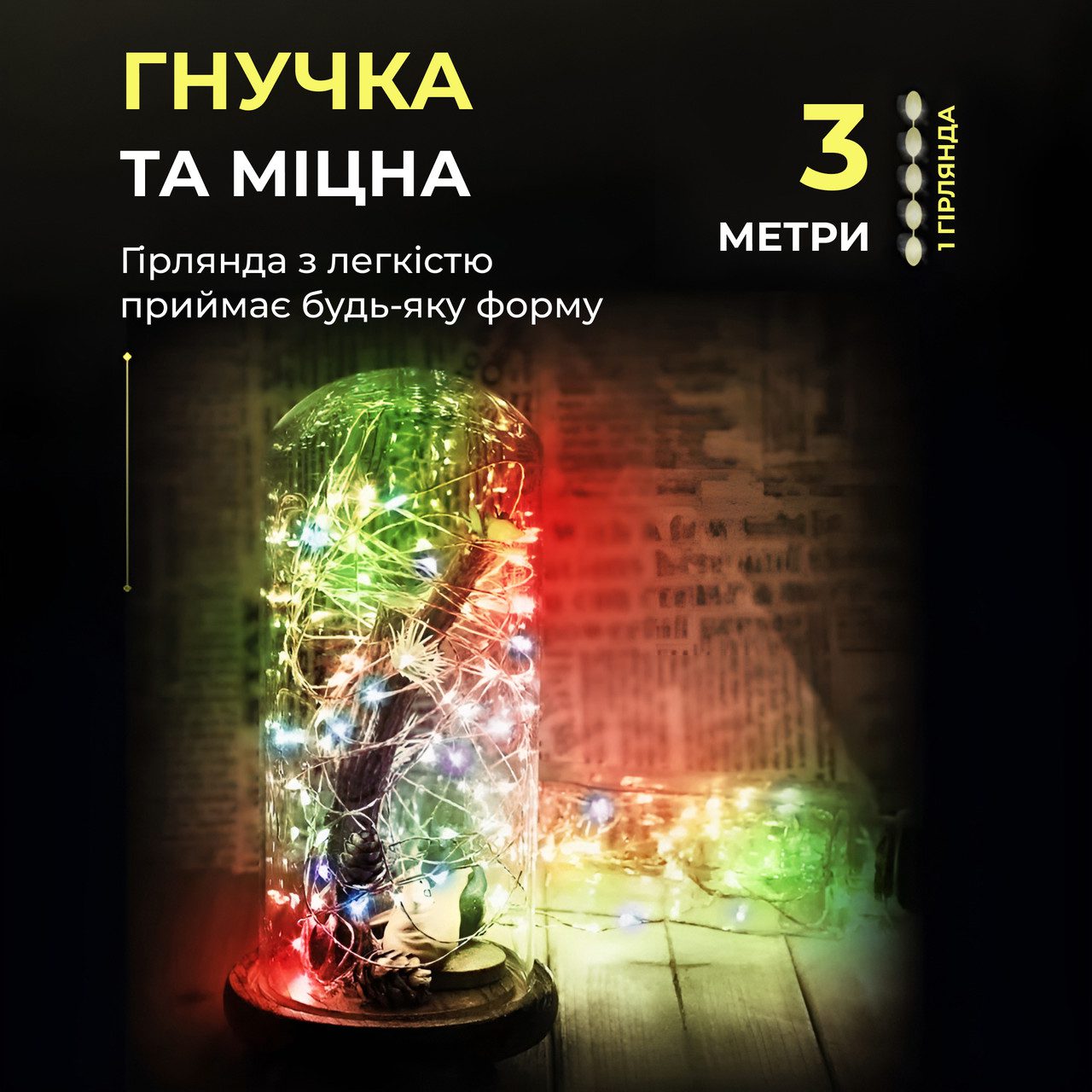 Світлодіодна гірлянда Роса 3 метри на батарейках 30 led нитка на білому дроті мультиколор 30L3MWML_30L3MWML_Milantium_5
