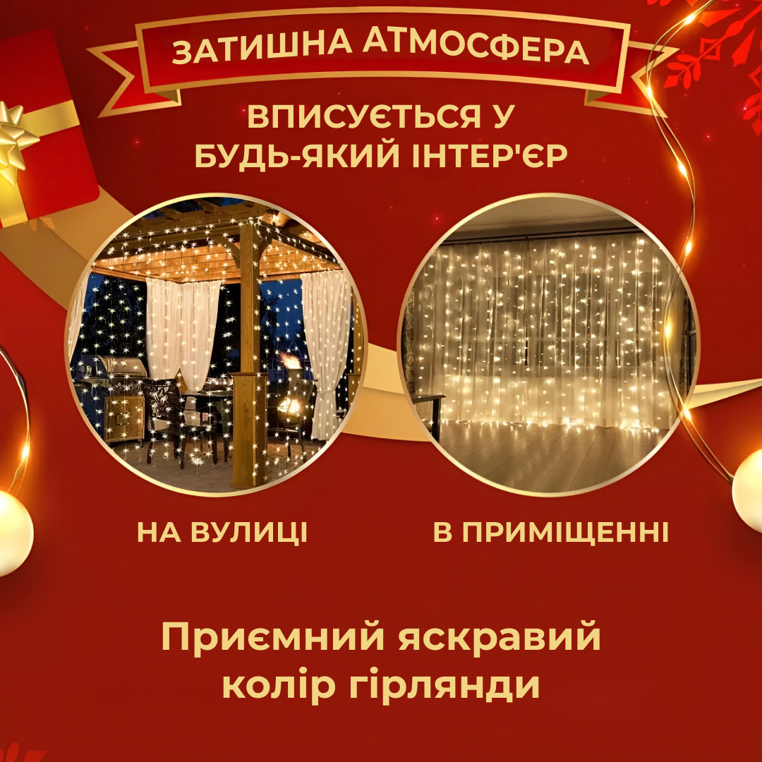 Гірлянда штора 3х2 м 144 LED світлодіодна мідний провід 16 ниток Жовтий_ZWM2320LEDY_Milantium_3