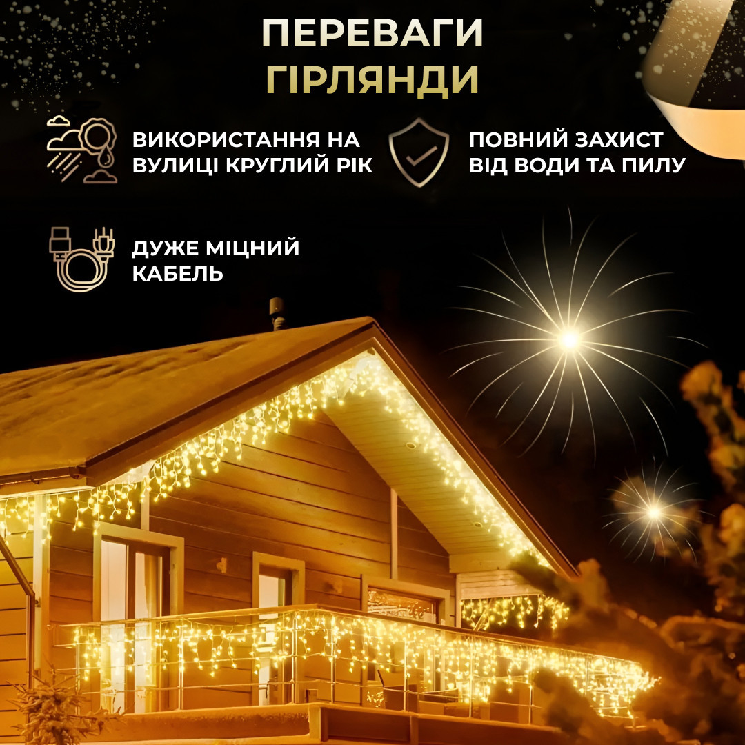 Гірлянда вулична світлодіодна 90 LED 3 метри білий дріт бахрома 18 ниток Жовтий_3МWY_Milantium_3