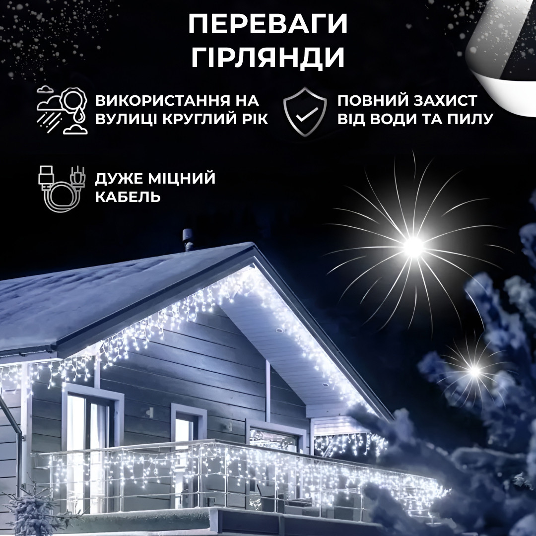 Гірлянда вулична світлодіодна 390 LED 20 метрів білий дріт бахрома 88 ниток Білий_20МWW_Milantium_3