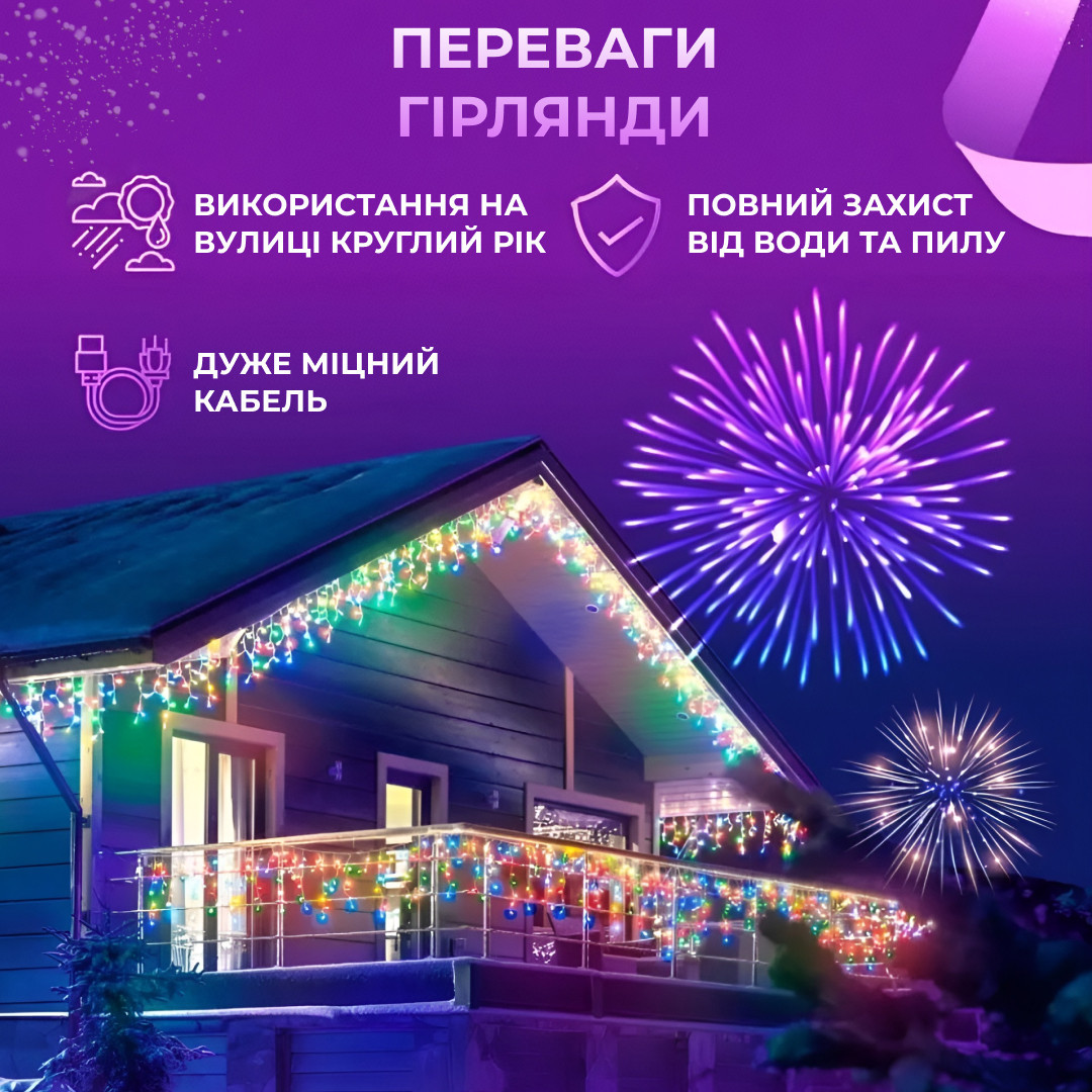 Гірлянда вулична світлодіодна 390 LED 20 метрів білий дріт бахрома 88 ниток Мультиколор_20МWML_Milantium_3
