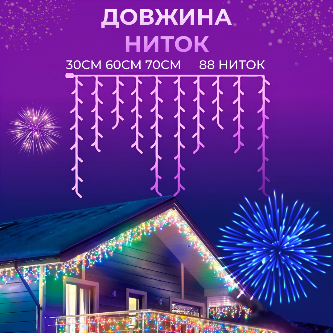 Гірлянда вулична світлодіодна 390 LED 20 метрів білий дріт бахрома 88 ниток Мультиколор_20МWML_Milantium_5