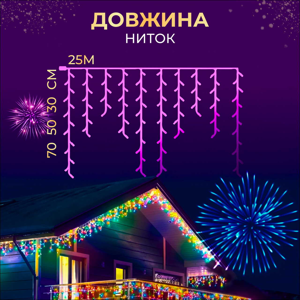 Вулична гірлянда бахрома 25 (м) 405 led світлодіодів зовнішня мультиколор чорний дріт_25MBML_Milantium_2