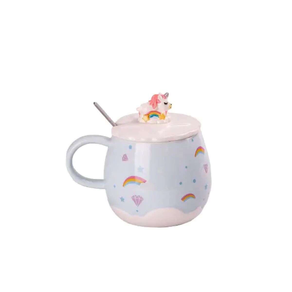 Чашка порцелянова Rainbow Ceramic Mug 400ml з кришкою і ложкою Блакитний HPCY8278BL_HPCY8278BL_Milantium_1