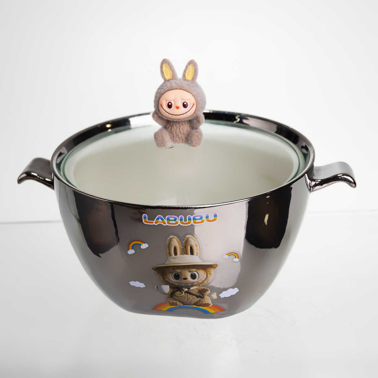 Бульйонниця порцелянова Labubu з кришкою та ручками 800 (мл) Ø15 (см) дитяча тарілка для супу та локшини Сріблястий з коричневим FM-34B – купити в Україні недорого