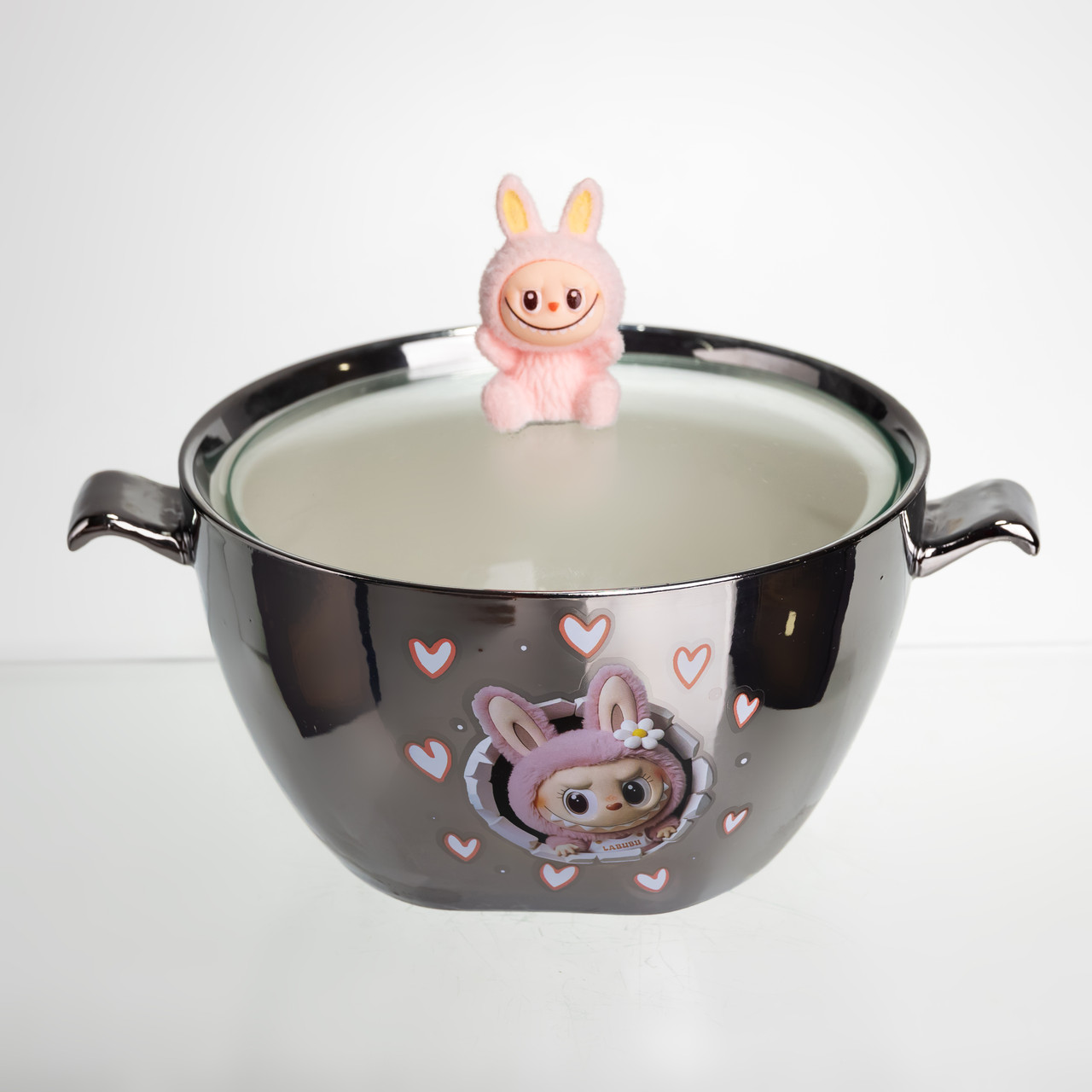 Бульйонниця порцелянова Labubu з кришкою та ручками 800 (мл) Ø15 (см) дитяча тарілка для супу та локшини Сріблястий з рожевим FM-34C – купити в Україні недорого