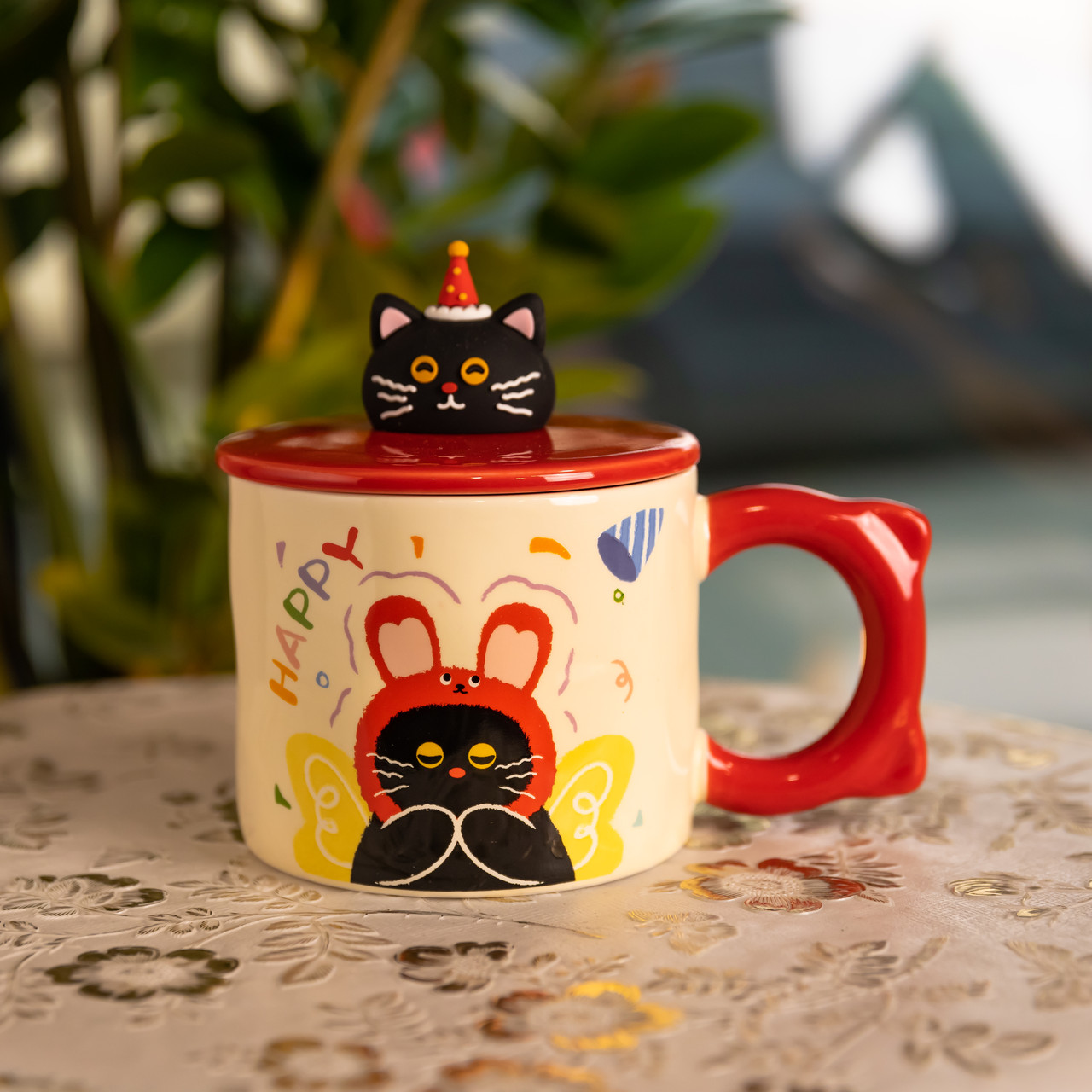Чашка порцелянова з кришкою Kitten's Birthday 400 (мл) подарункова кружка прикольна чашка для дітей на подарунок Червоний FM-24D – купити в Україні недорого