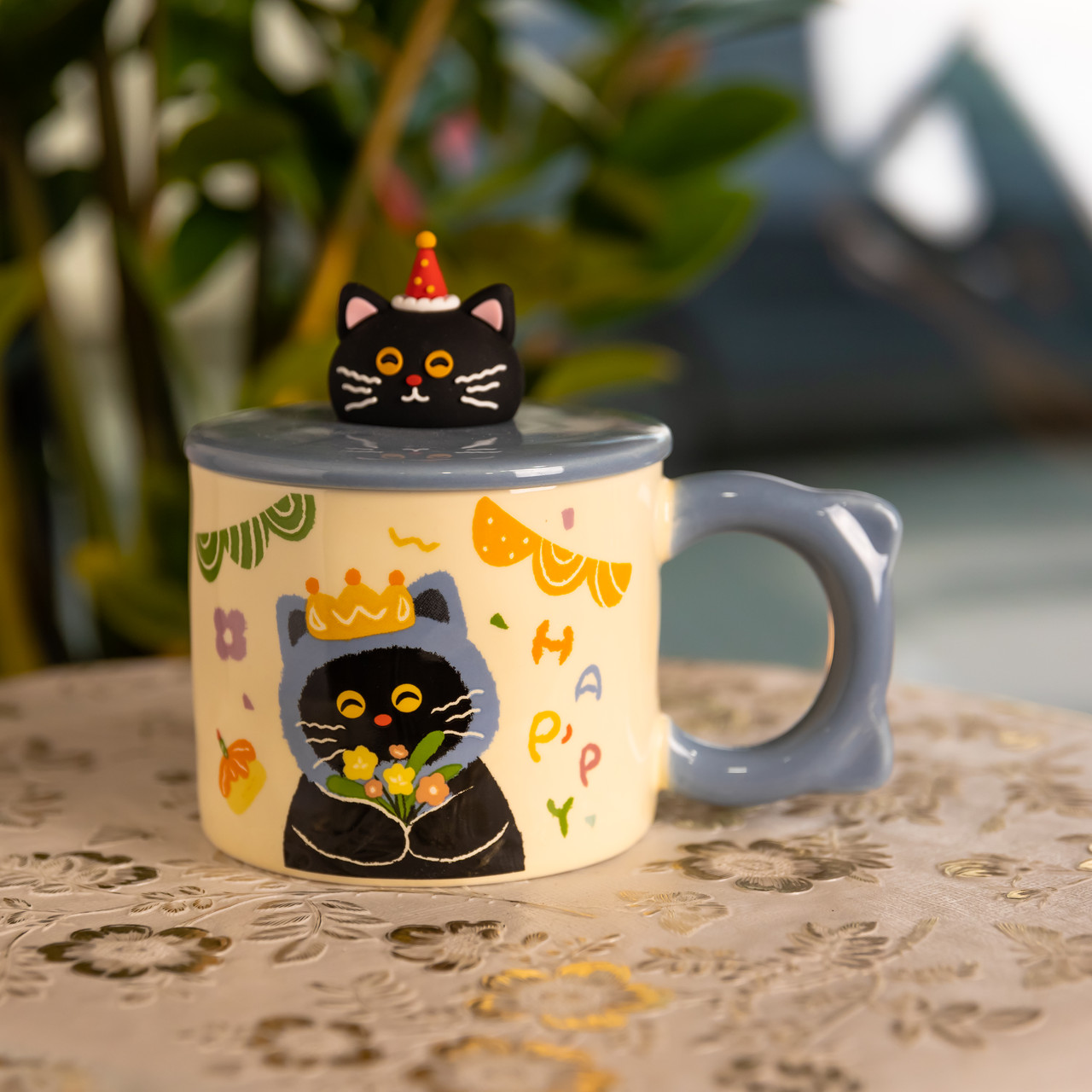 Чашка порцелянова з кришкою Kitten's Birthday 400 (мл) подарункова кружка прикольна чашка для дітей на подарунок Синій FM-24A – купити в Україні недорого