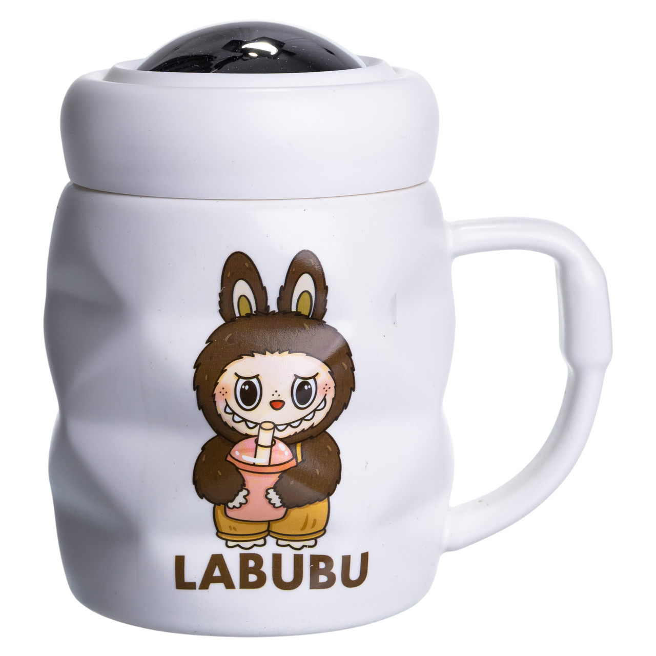 Чашка порцелянова з кришкою Labubu 400 (мл) подарункова кружка прикольна чашка для дітей на подарунок Білий з темно-коричневим FM-54C_FM-54C_Milantium_2