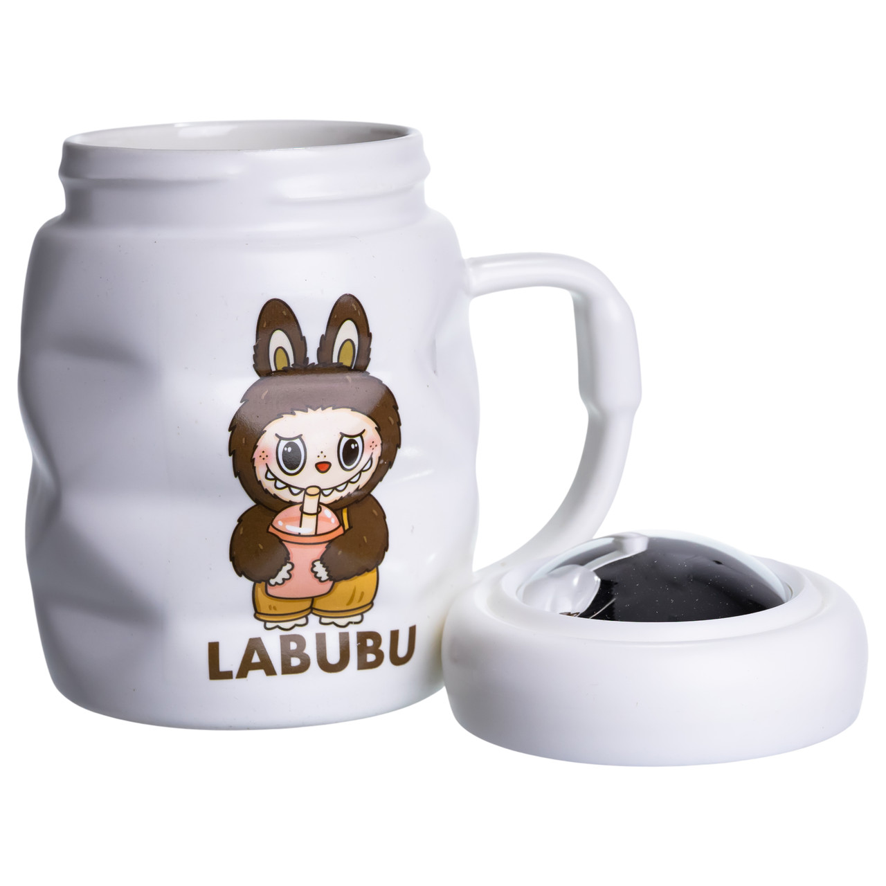 Чашка порцелянова з кришкою Labubu 400 (мл) подарункова кружка прикольна чашка для дітей на подарунок Білий з темно-коричневим FM-54C_FM-54C_Milantium_3