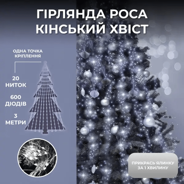Гірлянда Кінський хвіст 3 м 20 ліній на 600 led лампочок на мідному дроті від мережі Білий 1733015W – купити в Україні недорого