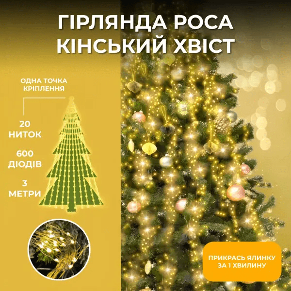 Гірлянда Кінський хвіст 3 м 20 ліній на 600 led лампочок на мідному дроті від мережі Жовта 1733015Y – купити в Україні недорого